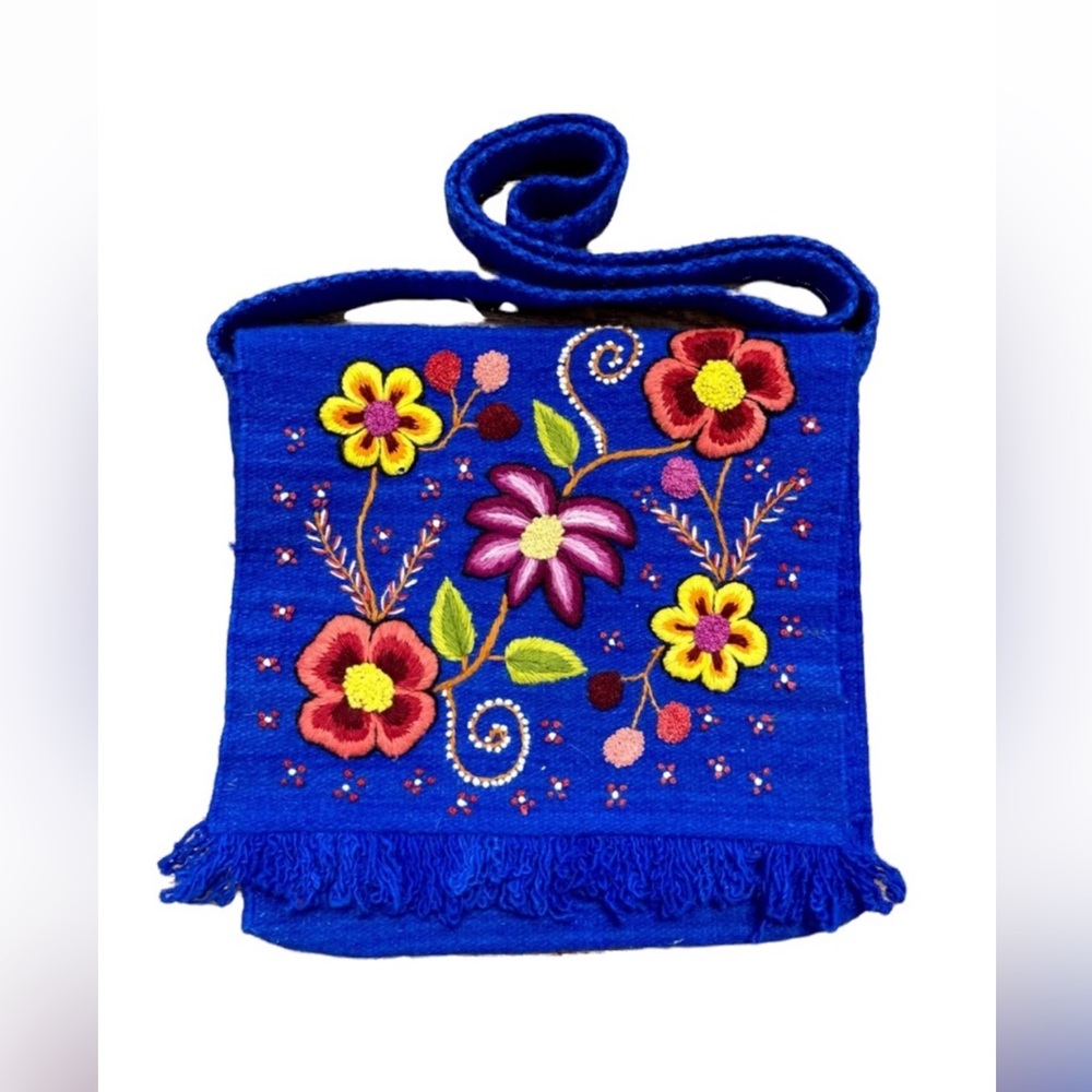 Colorful Botanical Embroidered Royal Blue Woven Crossbody Messenger Festival Bag